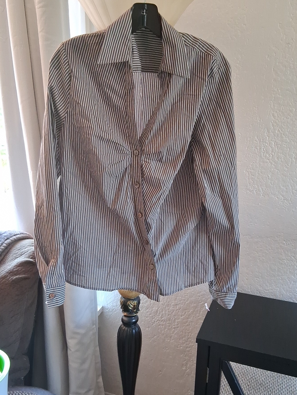 Worth Gray and White Striped Button-Up Blouse